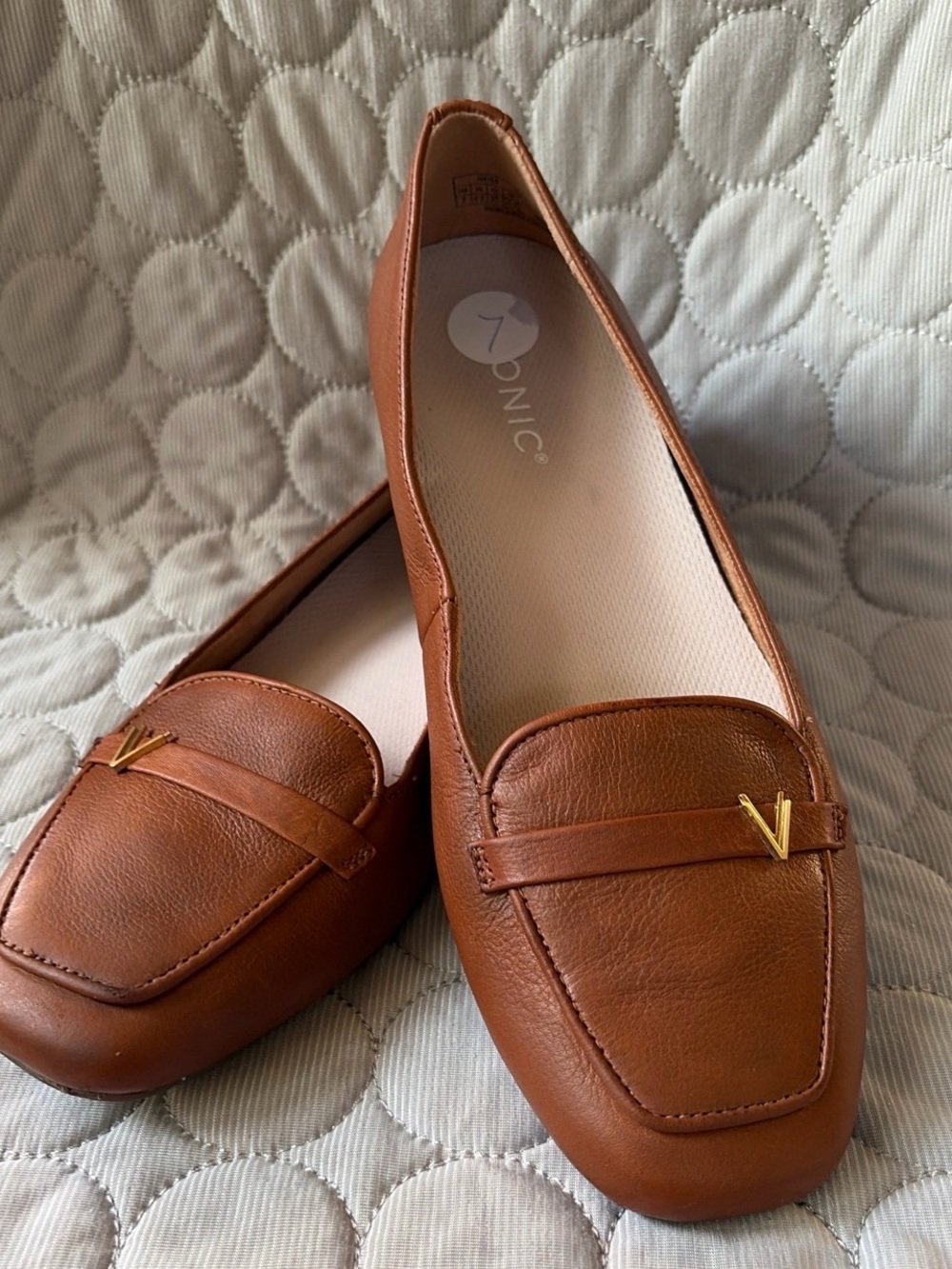 Vionic Brown Leather Loafers with Gold V Accent